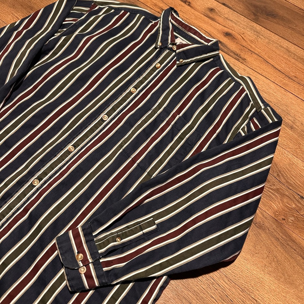 Vintage Faded Glory Navy Burgundy Striped Button Down Shirt Mens XL